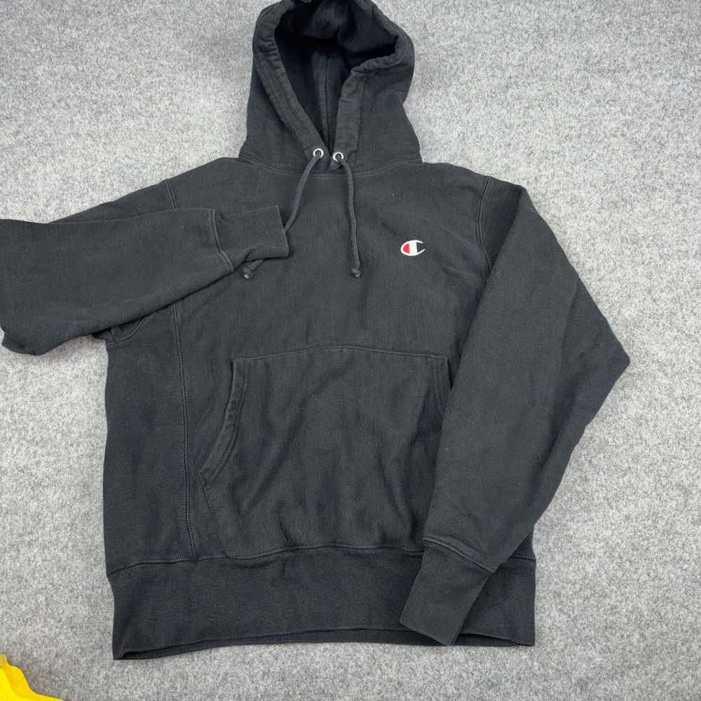 VTG Champion Reverse Weave Hoodie Mens Small Black Pullover Logo Sweatshirt 90's